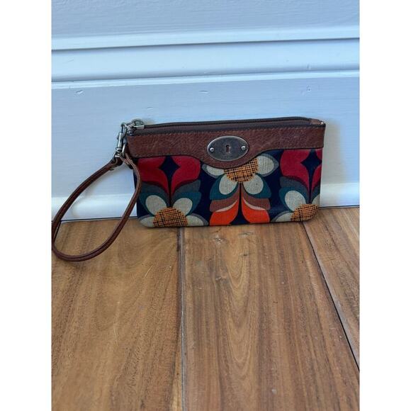 Fossil Wristlet Key-Per Vintage Boho Daisy Floral Print Leather Trim - Picture 1 of 5